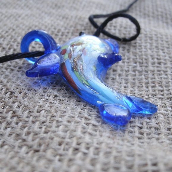 Murano Glass Blue Dolphin Pendant Necklace - Picture 6 of 15
